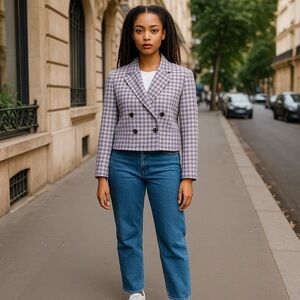 J.Crew Cropped double breasted blazer in Size 14 Heather Grey Purple Plaid